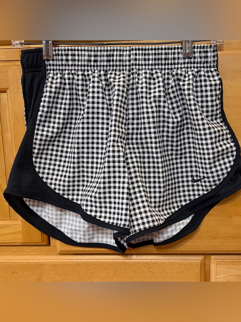 Nike Women's Black and White Checked Dri-Fit Shorts Size Small